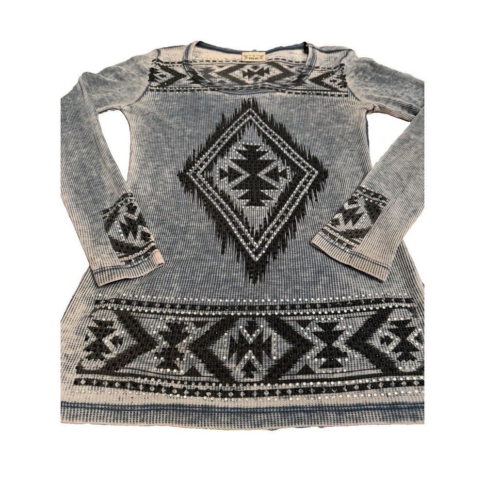 Vtg Vocal Y2K Waffle Thermal Top L Rhinestones Aztec McBling Acid Wash Grunge